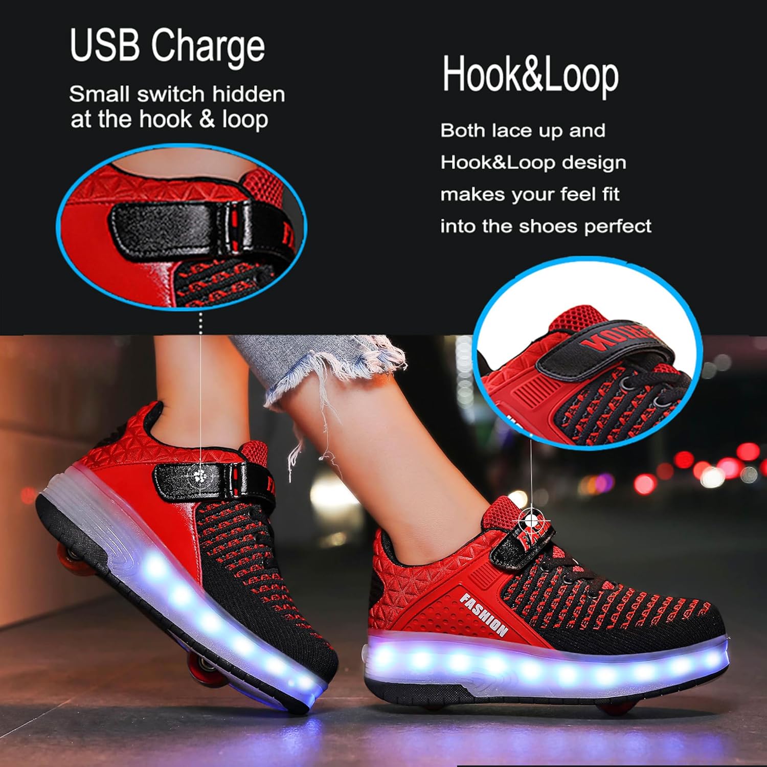 Детские роликовые кроссовки Aikuass с USB-подзарядкой и светящейся LED-подсветкой для мальчиков и девочек, красный — фото 3