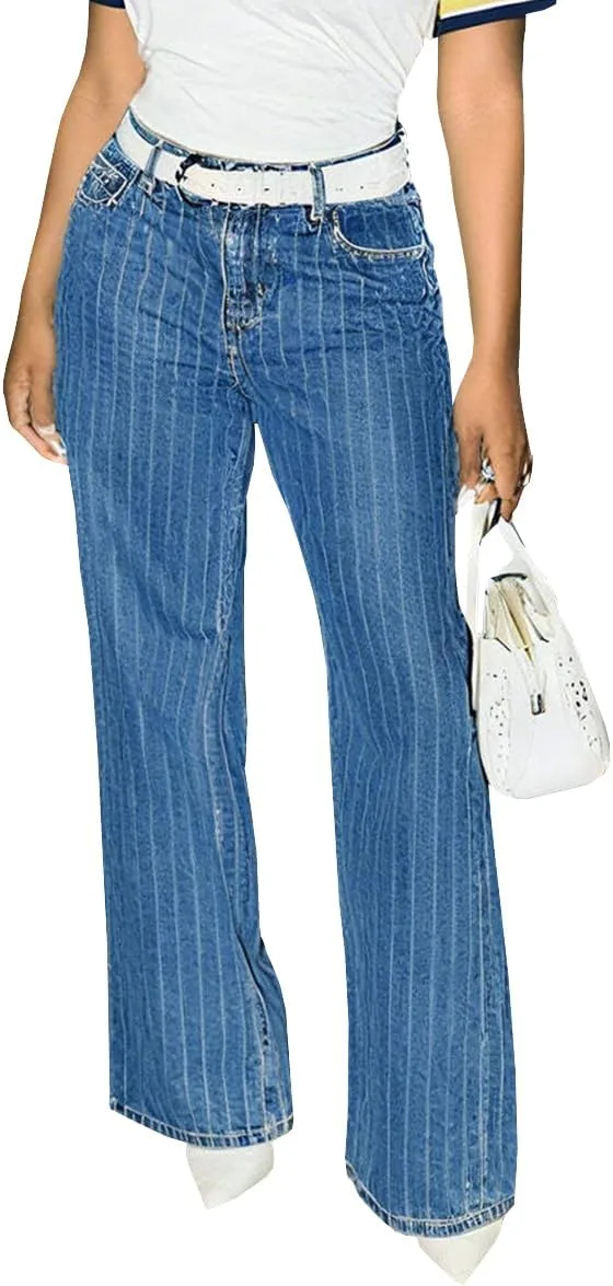 

Женские модные джинсы в полоску с высокой талией, эластичные и свободные TACSTRUN