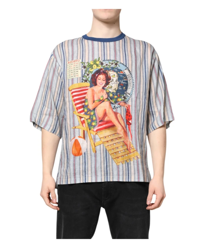 Полосатая льняная футболка в стиле пин-ап с круглым вырезом Dolce & Gabbana, мультиколор