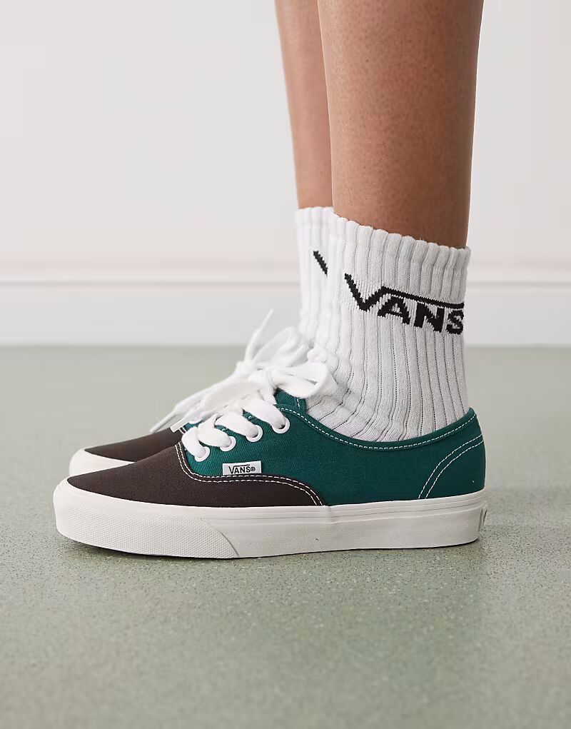 Кроссовки Vans Authentic двухцветные с крупными шнурками серого и зеленого цвета