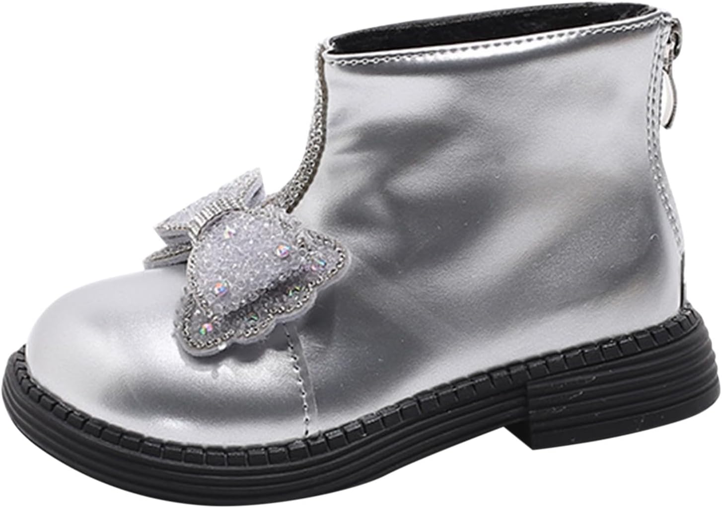 

Детские ботильоны для девочек с блестками и бантами на щиколотке, с меховой подкладкой, боковой молнией и пайетками, стиль ковбой, короткие ботинки на осень и зиму, теплые праздничные туфли Generic, Silver