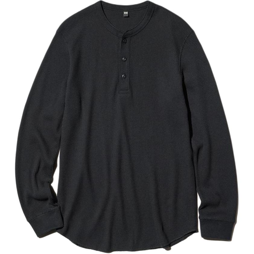 

Uniqlo Мужские черные футболки с воротником Генри, Черный, Uniqlo Мужские черные футболки с воротником Генри