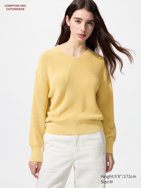

Джемпер с V-образным вырезом из хлопка с газовым наполнителем Uniqlo, желтый
