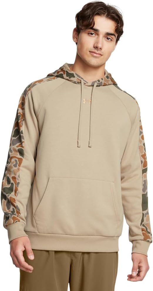 

Толстовка мужская Under Armour Rival Fleece Camo Blocked, ультрамягкая хлопковая смесь, с карманом-кенгуру, (299) City Khaki/Camel