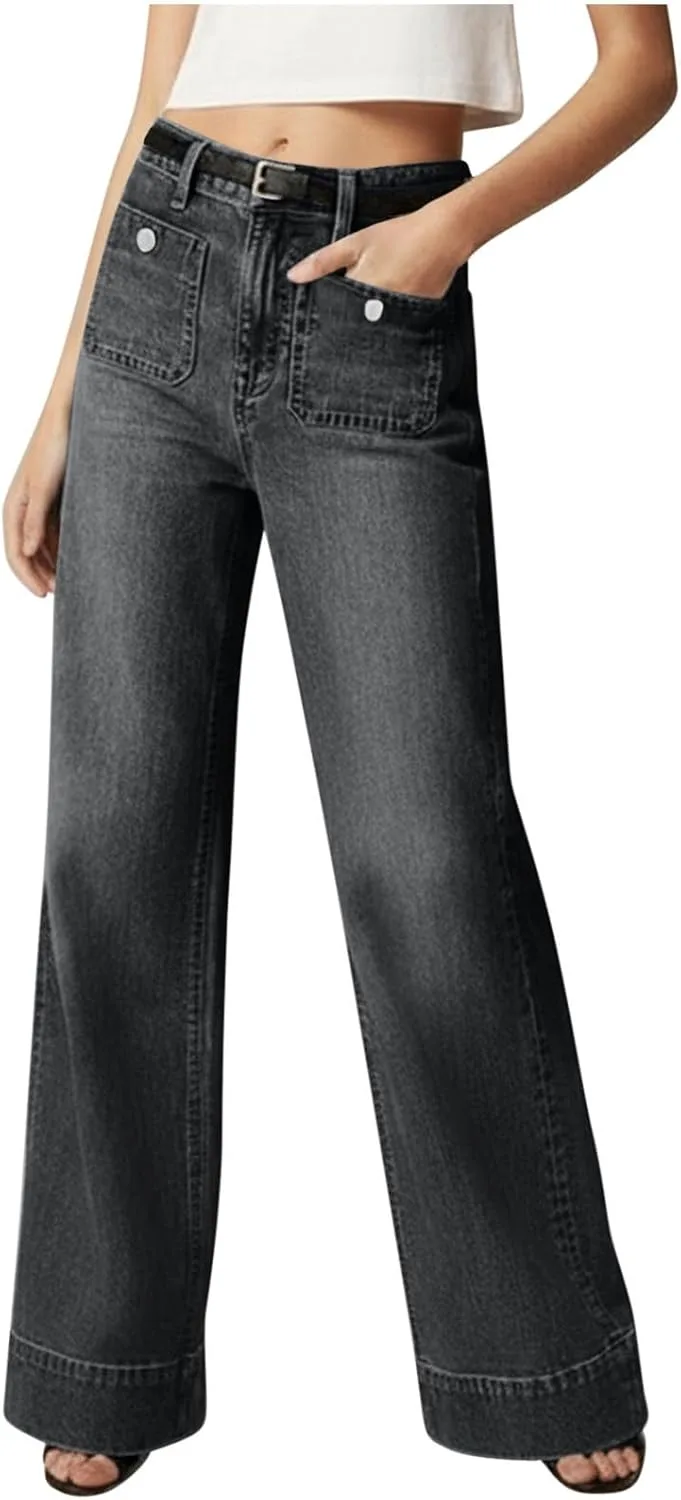 Широкие джинсы женские baggy casual straight leg stretchy с карманами