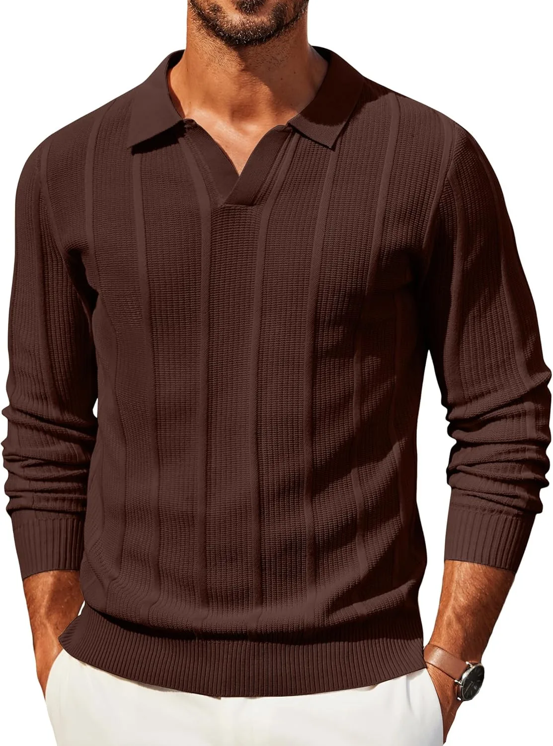 

COOFANDY мужская вязаная поло с длинным рукавом и V-образным вырезом