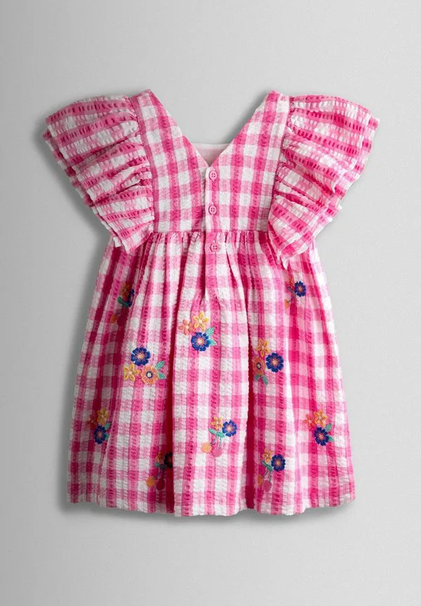 Платье в клетку с цветочным узором и вышивкой, прямого кроя. Jojo Maman Bébé, Bright Pink — фото 2