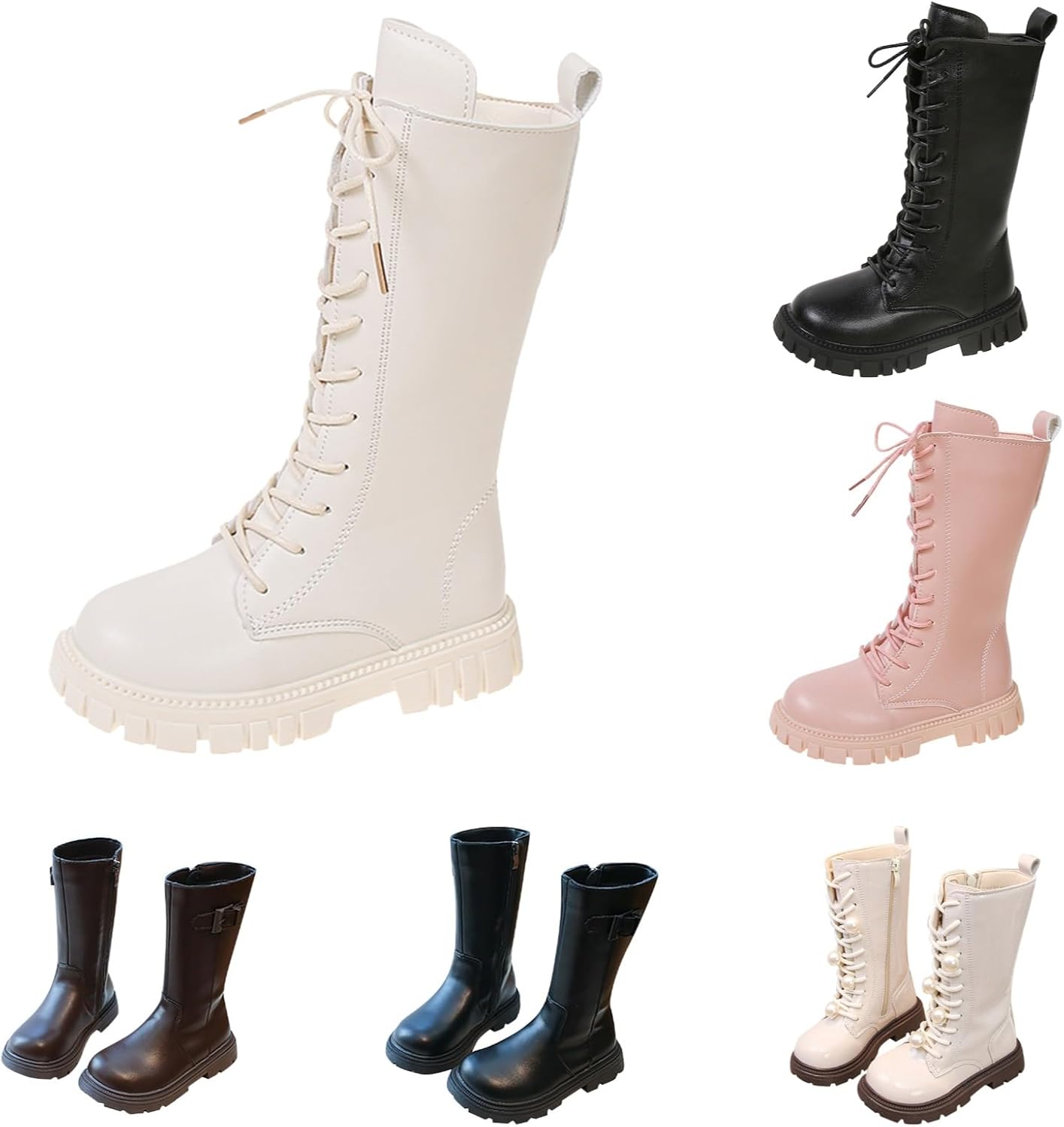 

XovLAHzY Девочковые белые ботинки на шнуровке с боковой молнией, высокой подошвой до колена для платья/школы, 4-11 лет