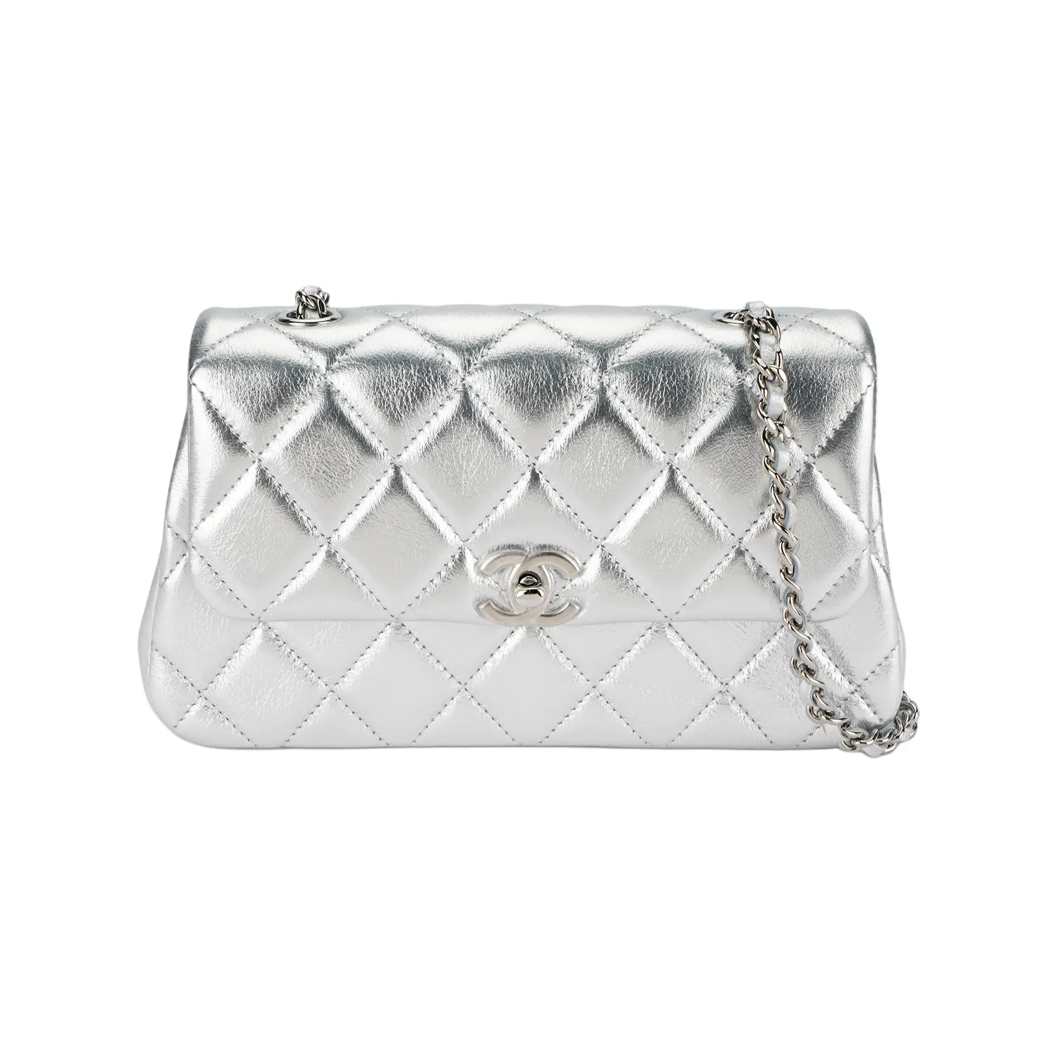 

CHANEL Женская кожаная сумка через плечо серебристого цвета