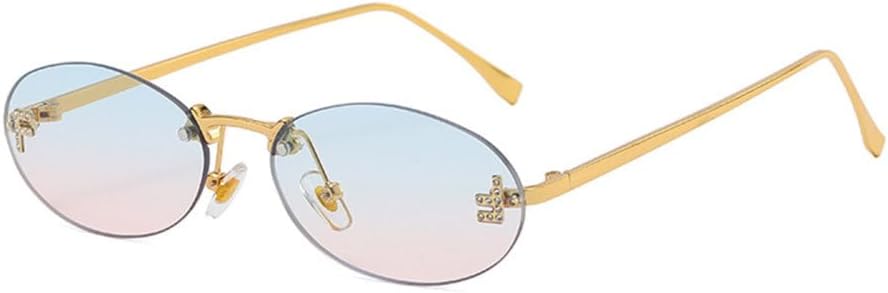 

Женские солнцезащитные очки без оправы овальной формы с буквенным рисунком, мужские солнцезащитные очки для вождения, женские очки с защитой от УФ-излучения UV400 MTZJH, Gold Blue Pink
