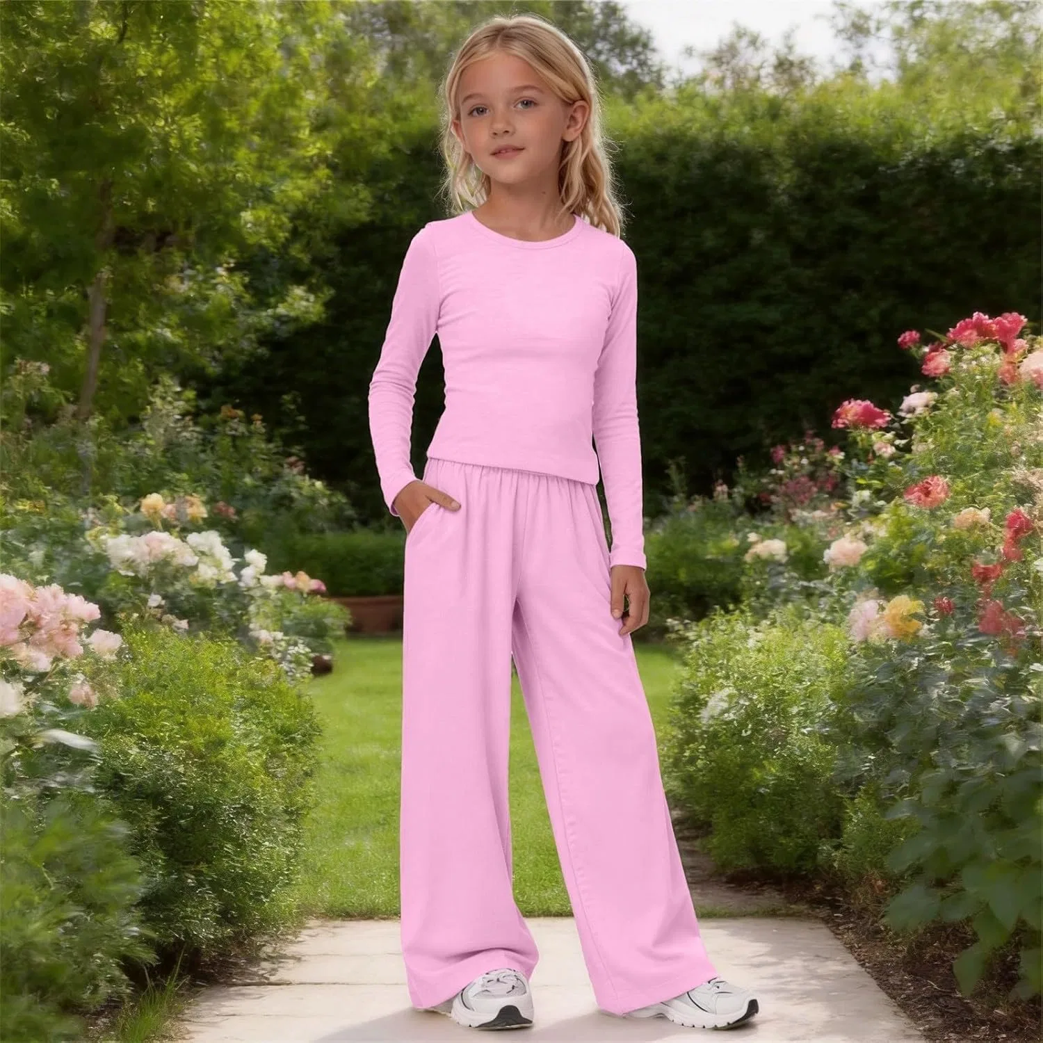 Спортивный костюм длинный рукав, Generic, футболка и широкие брюки, Pink — фото 2