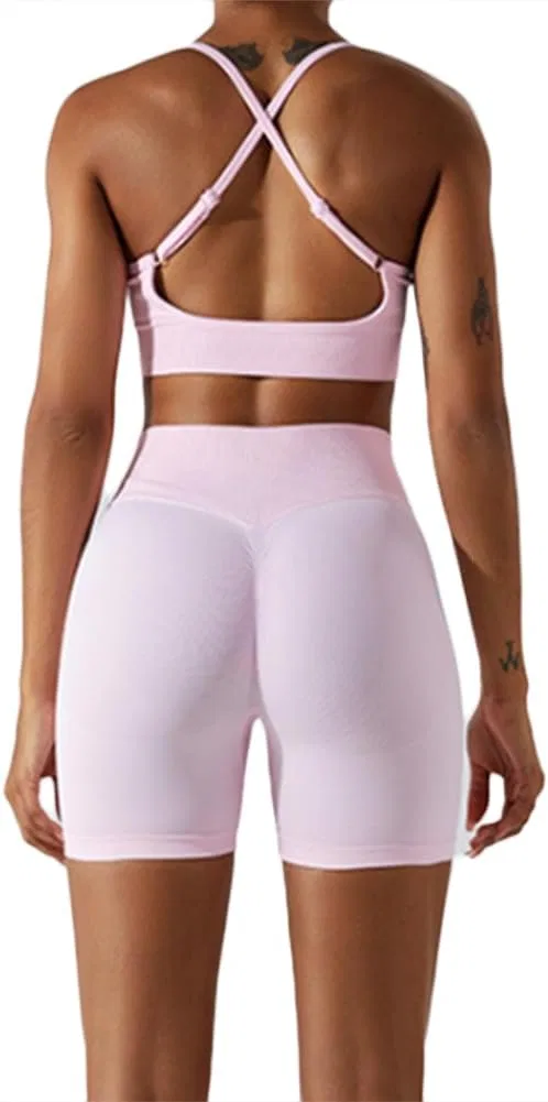 Женский спортивный комплект из топа и шорт, бесшовный, Pink
