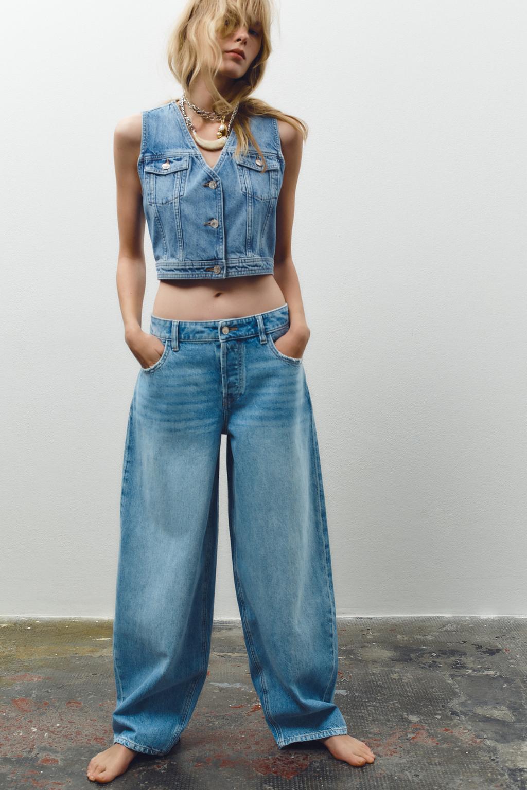 

Укороченный джинсовый жилет z1975 ZARA, средне-синий