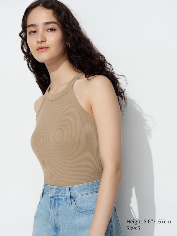 

Укороченный топ-бюстгальтер с ребристым вырезом на бретельках Uniqlo, бежевый