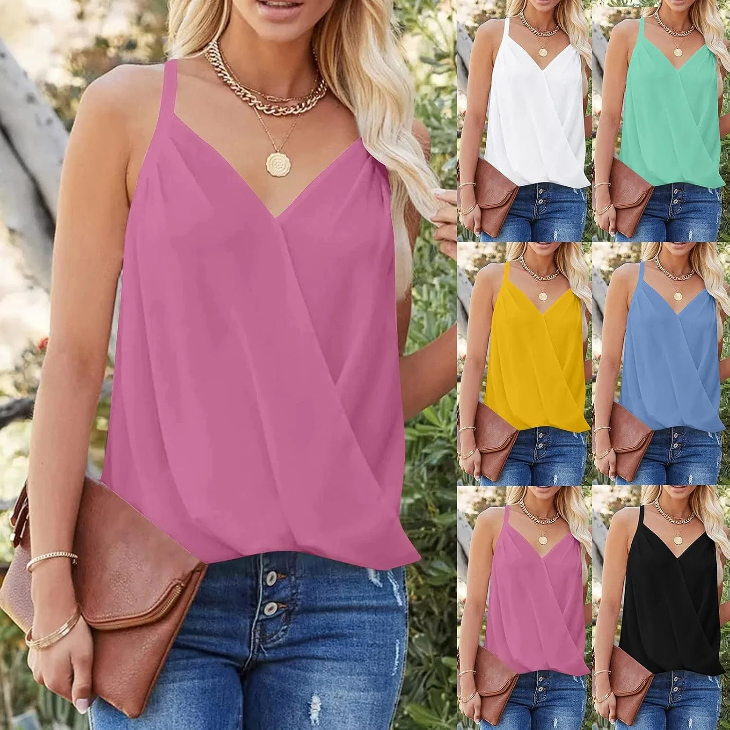 Топ женский V-образный вырез Casual Summer Tank Tops, розовый — фото 3