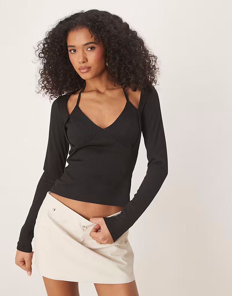 

Топ ASOS DESIGN с длинными рукавами и халтер-воротом в рубчик черного цвета