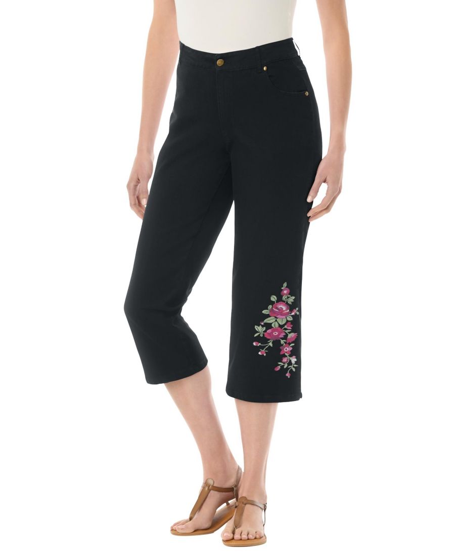 

Женские джинсы-капри Within Stretch Denim с пятью карманами Woman Within, Black bloom embroidery
