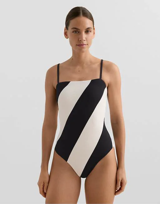 

Черный купальник-бандо из пике в диагональную полоску OYSHO