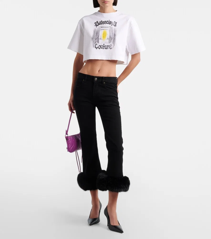 Укороченная футболка из хлопкового трикотажа с принтом Balenciaga, белый — фото 2