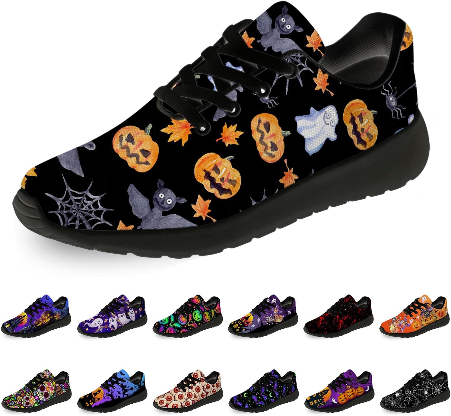 

Кроссовки на Хэллоуин для женщин и мужчин, беговые, для прогулок и тенниса, с изображением тыквы, призрака и летучей мыши, подарки для мальчиков и девочек Horethy, черный/оранжевый