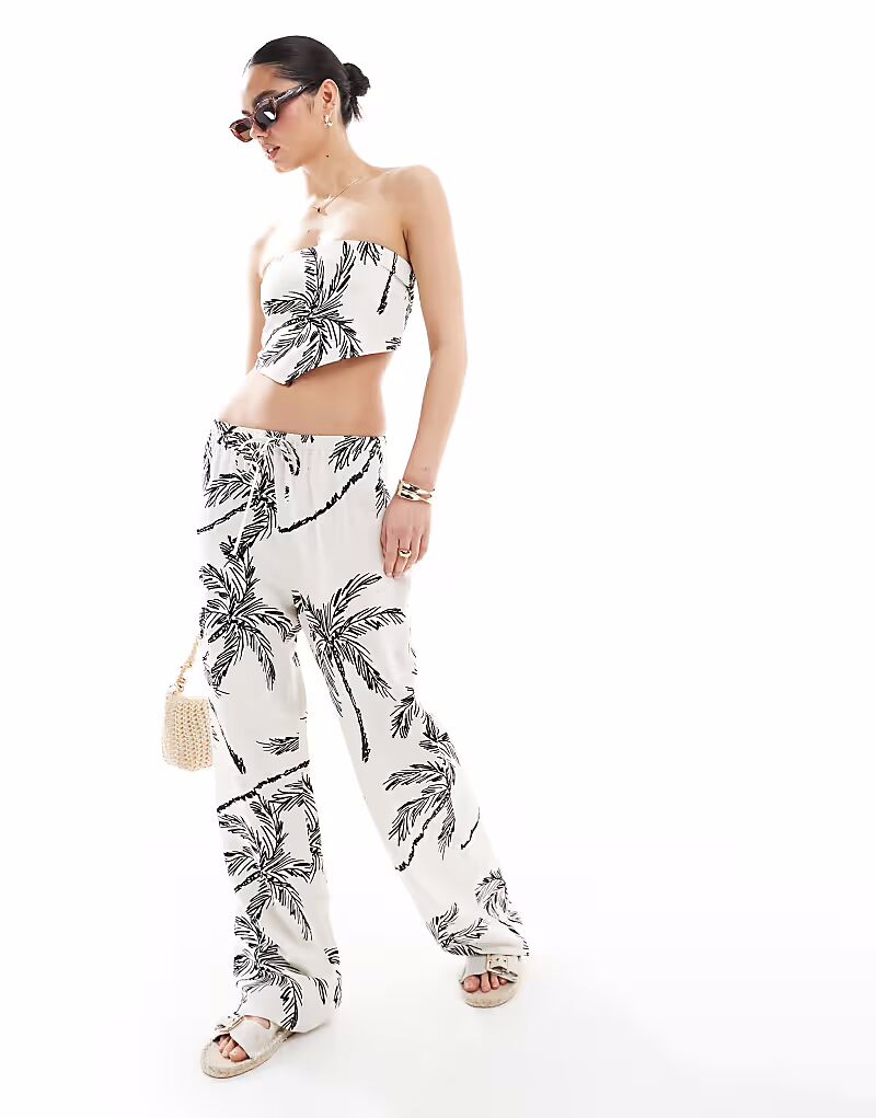 

Комбинезон из смеси льна и льна с широкими штанинами, бежевый, с пальмовым принтом 4Th & Reckless