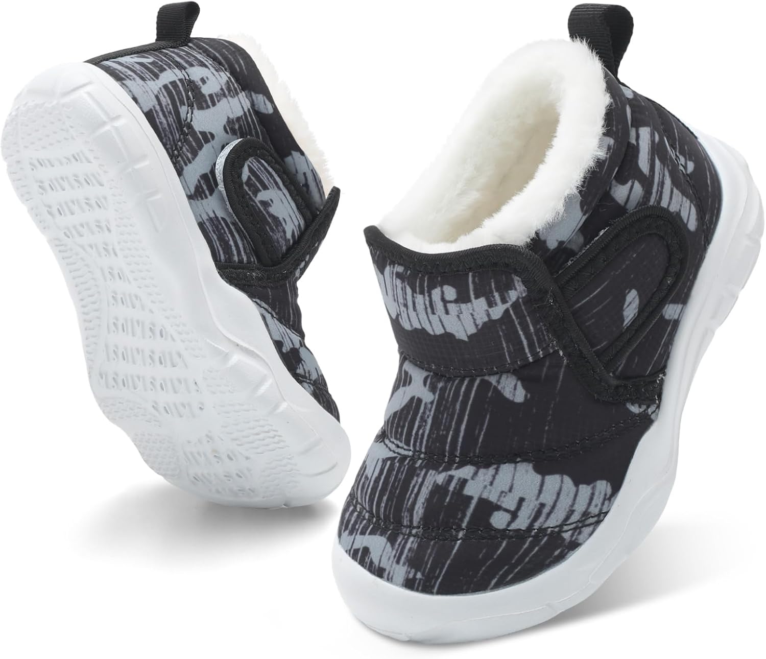 

Детские зимние теплые ботинки QFH для мальчиков и девочек, уютные флисовые снежные ботинки для малышей, нескользящие прогулочные ботинки, водоотталкивающие с искусственным мехом, Camouflage Black