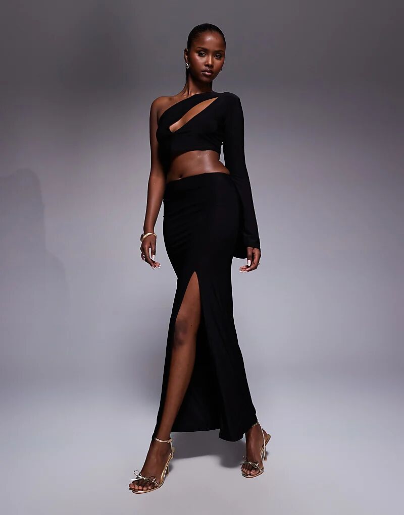 

Эксклюзивная двухслойная облегающая юбка макси с разрезами по бокам от Kaiia, черный цвет