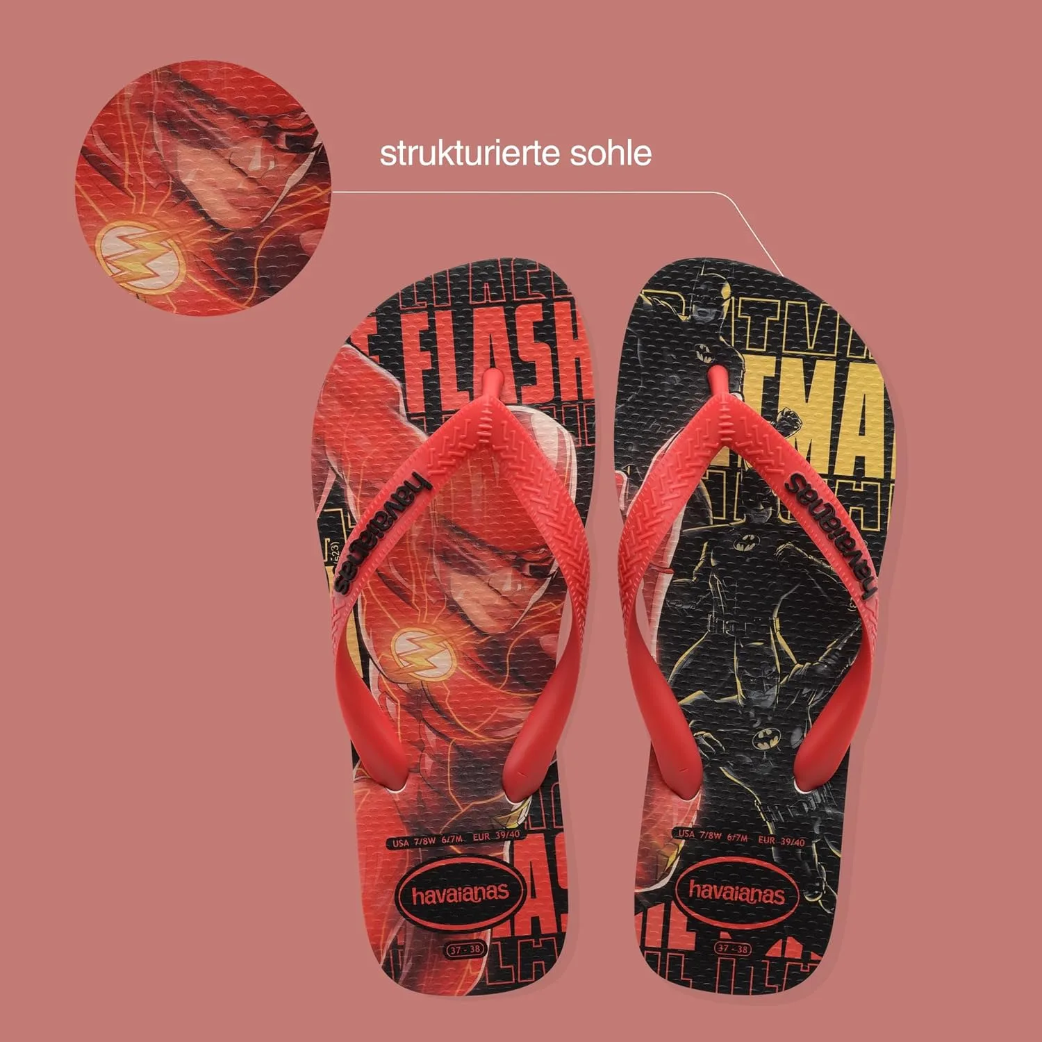 Havaianas - Top Heroes DC, удобные, прочные и легкие шлепанцы с подошвами в стиле героев и злодеев, взрослые размеры, белый/черный/красный — фото 4