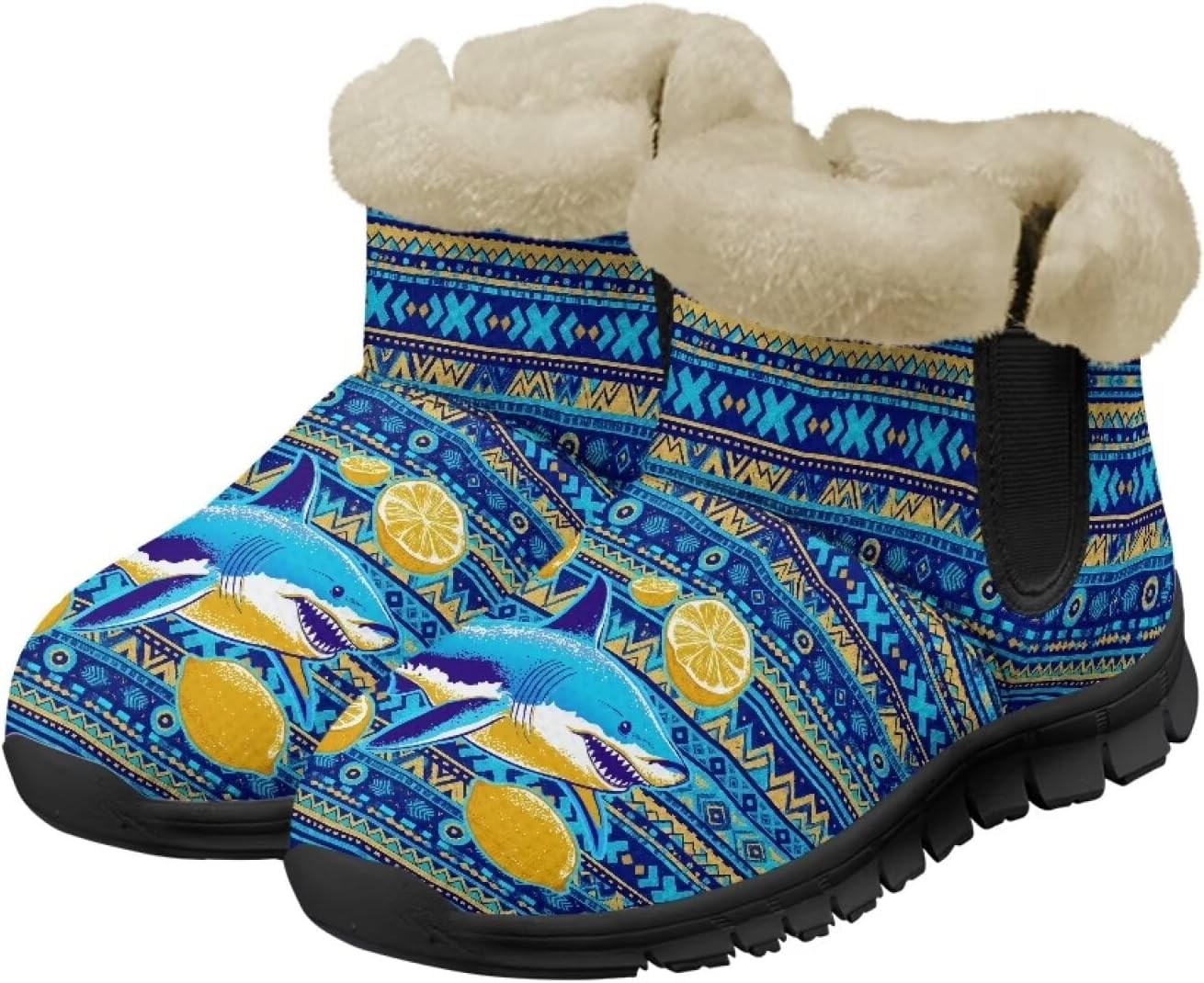 

Мужские зимние снегоходные ботинки Qoiuvncy, утепленные мехом, ботильоны с мягкой подкладкой, нескользящие, удобные, с легким надеванием, короткие ботинки для прогулок на улице, размер США 7-13, Tribal Stripes Shark