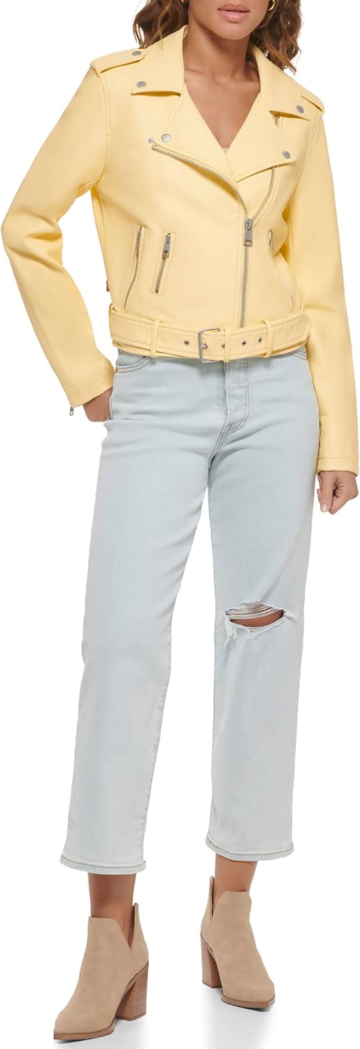 Женская куртка-косуха Levi's из искусственной кожи с поясом, светло-желтый — фото 4