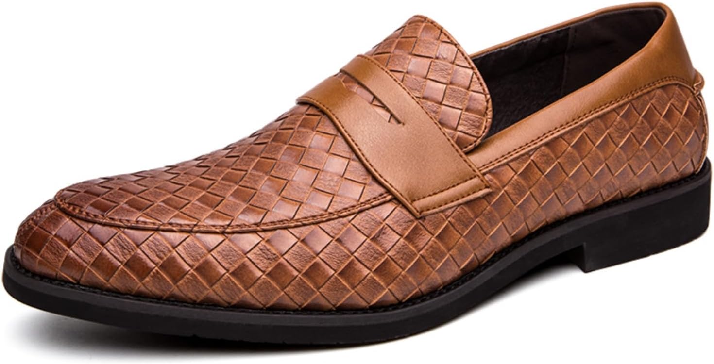

Мужские винтажные плетеные кожаные слипоны-лодочки с низким каблуком, нескользящие, повседневные, под смокинг, деловые и вечерние туфли для работы, выпускного и вечеринки Qwuieoin, коричневый