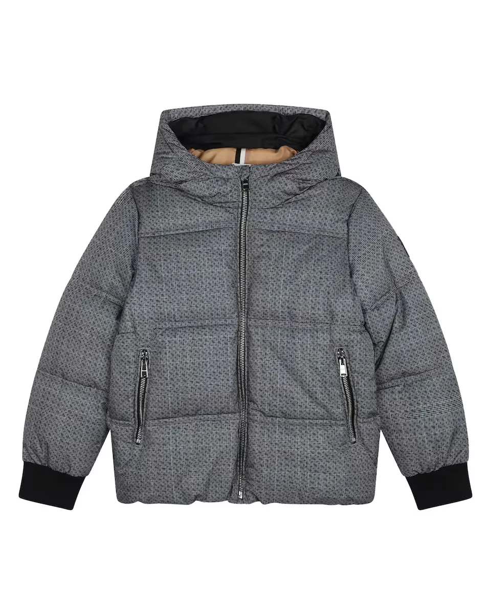 

Пуховик с капюшоном для мальчика с принтом BOSS Kidswear, темно-серый