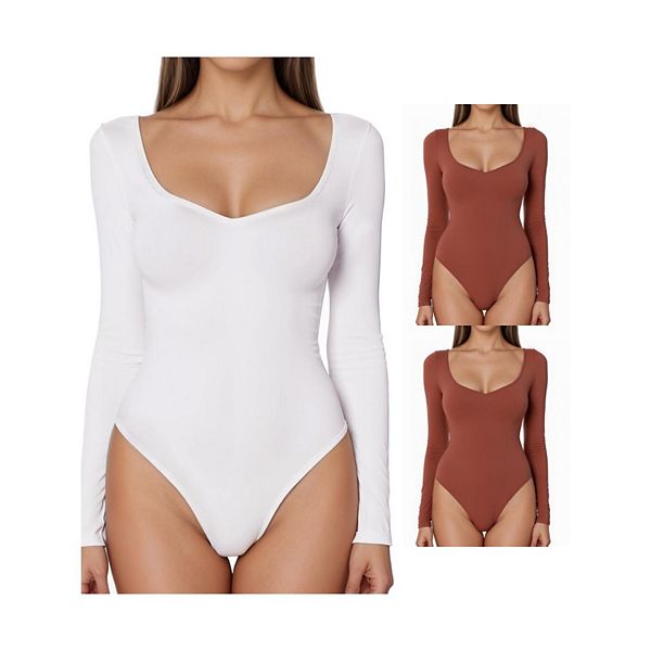 

3 упаковки женского боди с длинным рукавом slim fit v-образным вырезом для контроля живота Inspire Chic, Brown White
