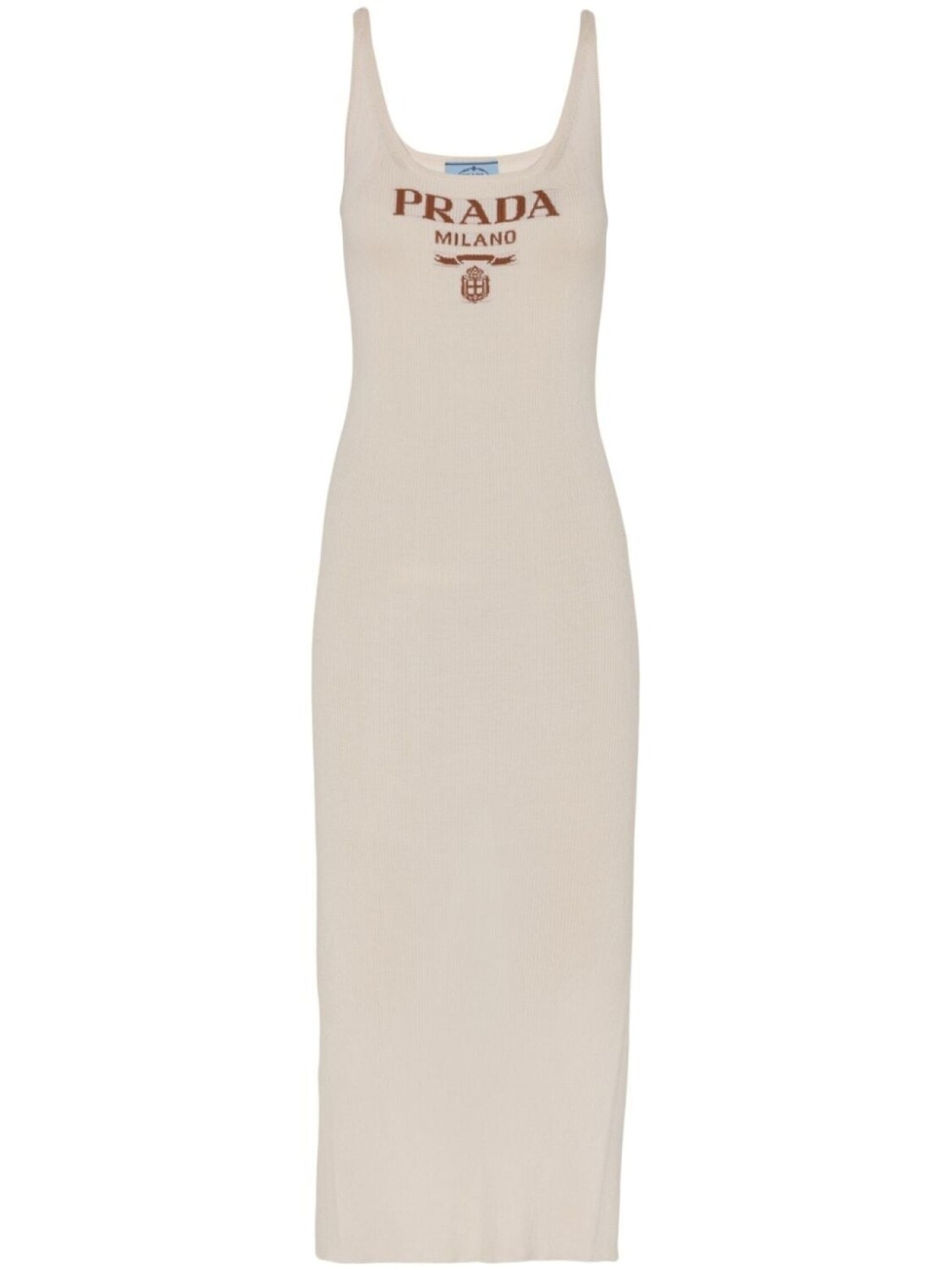 

Prada шелковое платье миди в рубчик с логотипом, нейтральный цвет