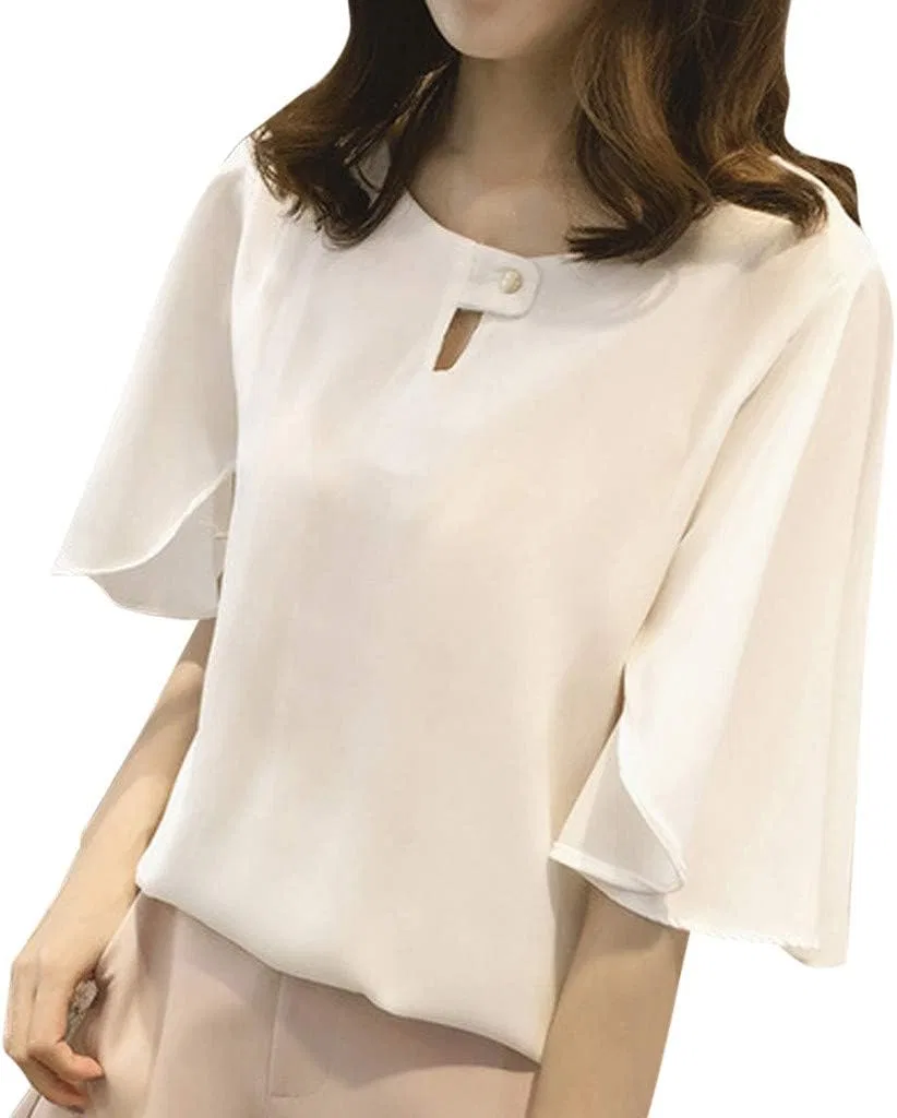 Блуза шифоновая белая Chiffon Blouse Ruffles Stand Collar Solid, белый