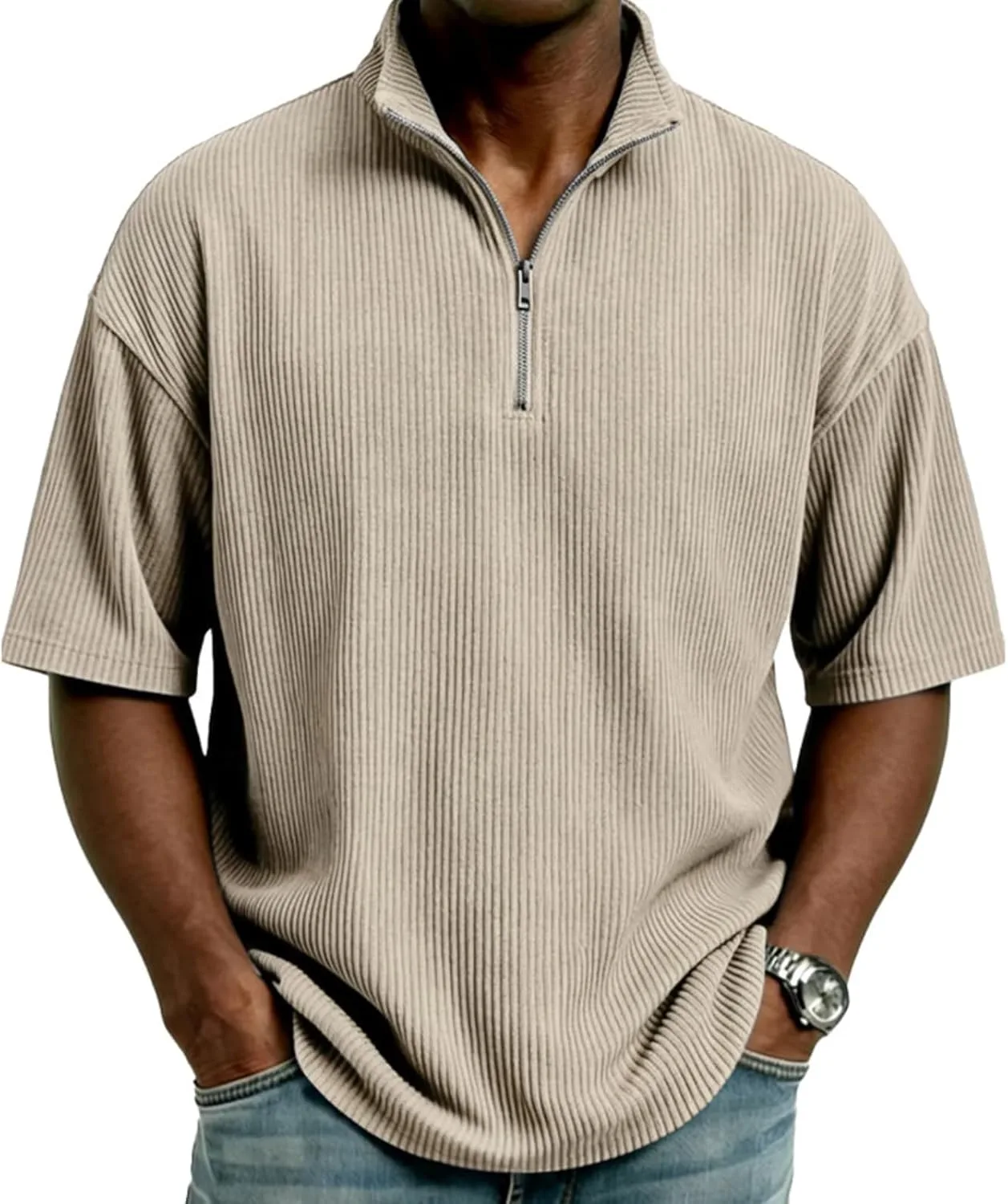 

Короткий поло для мужчин из вельвета с молнией на 1/4