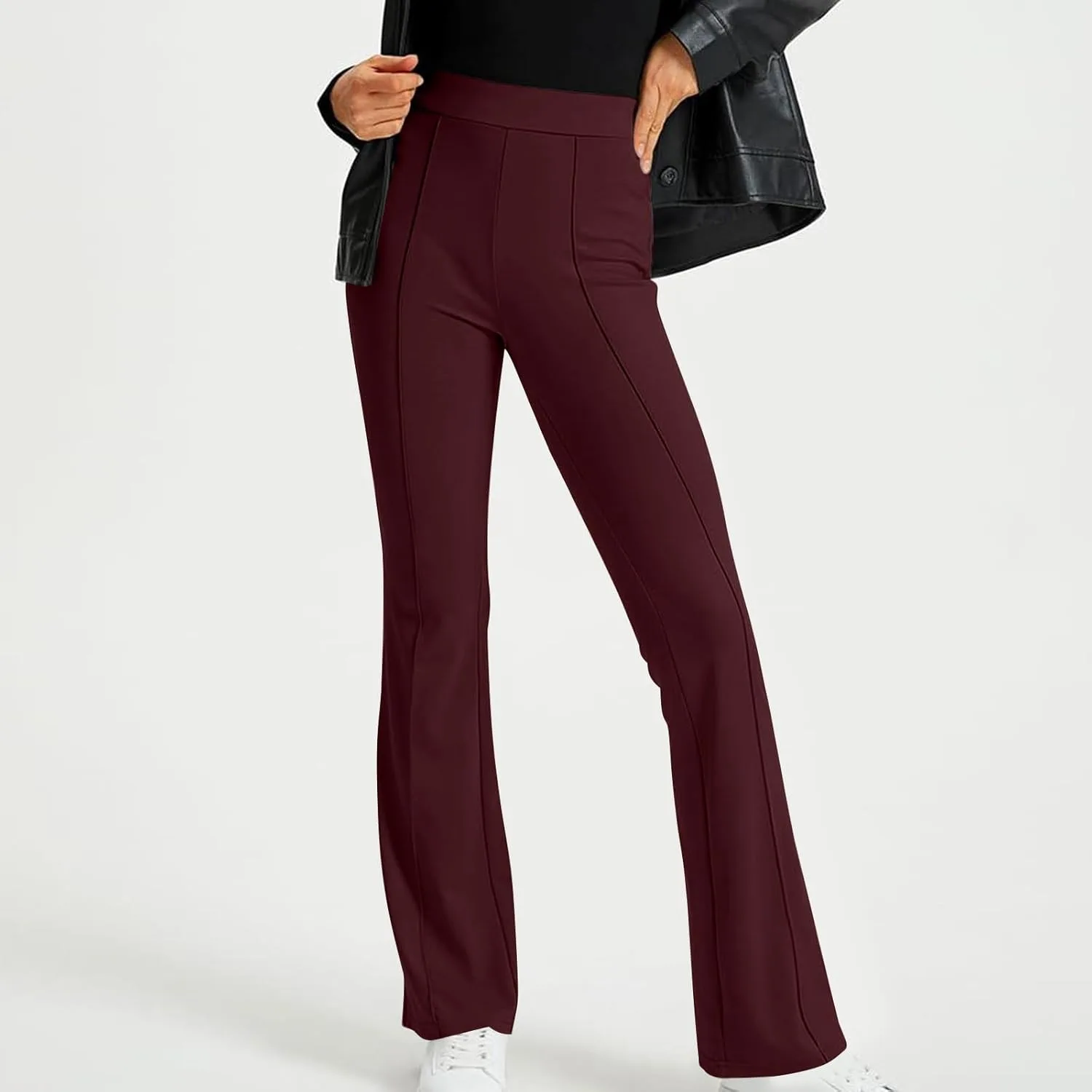 Женские брюки с высокой талией и расклешенными штанинами, эластичные, для отдыха, с широкими штанинами, нарядные, повседневные, удобные, для выхода в свет, работы, с карманами Generic, A01 Wine — фото 2