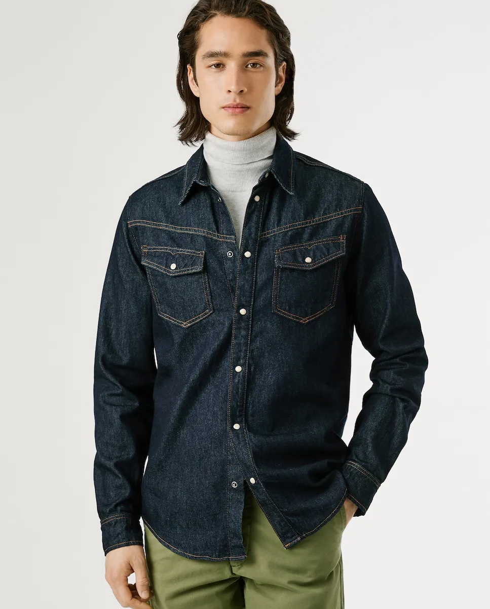 

Мужская джинсовая рубашка классического кроя с эффектом полоскания Pepe Jeans, синий