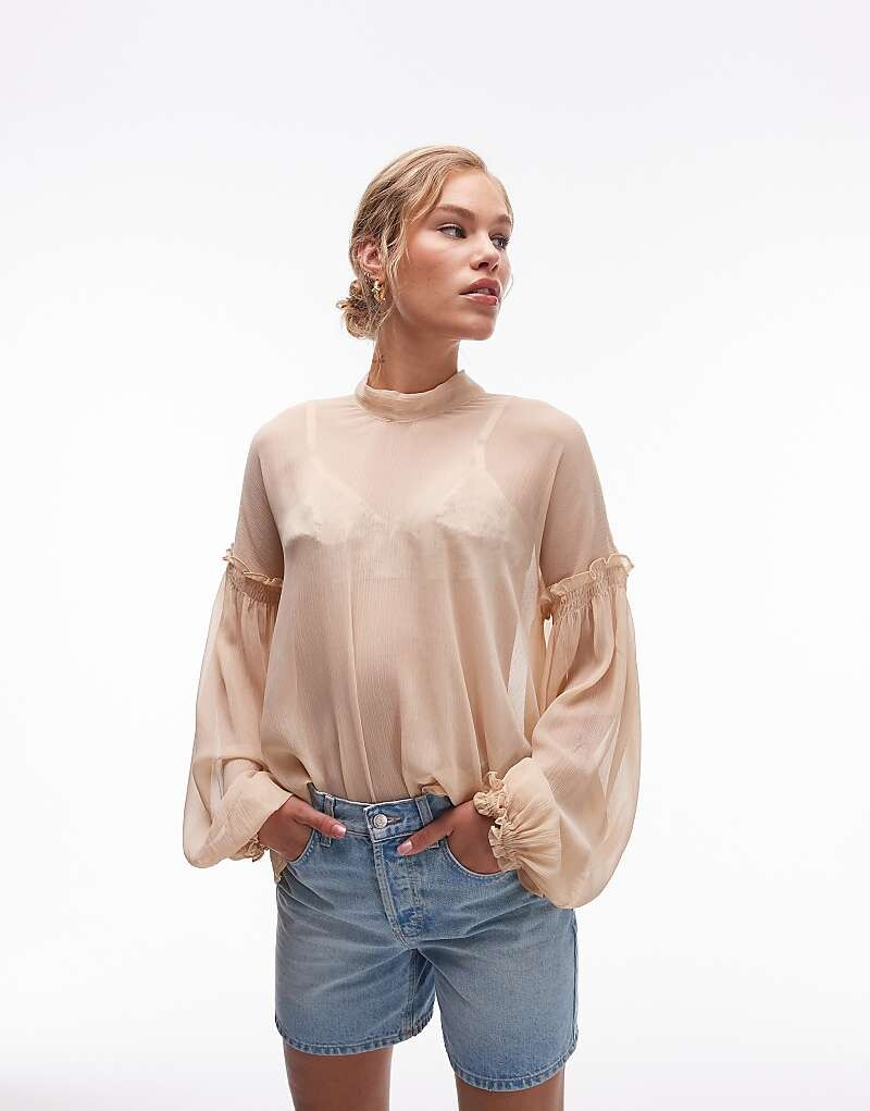 

Topshop – прозрачная блузка пудрово-розового цвета с бантом на вырезе