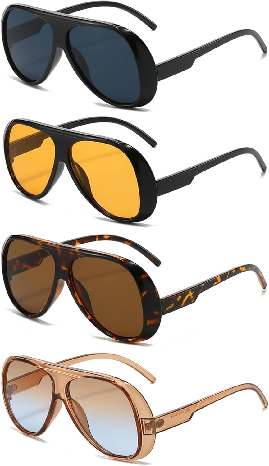 

4 пары больших солнцезащитных очков-авиаторов для женщин и мужчин, модные квадратные солнцезащитные очки в стиле 70-х, винтажные очки в крупной оправе ISIUINN, 4 Pack Black+orange+leopard Tea+brown Gradient Blue