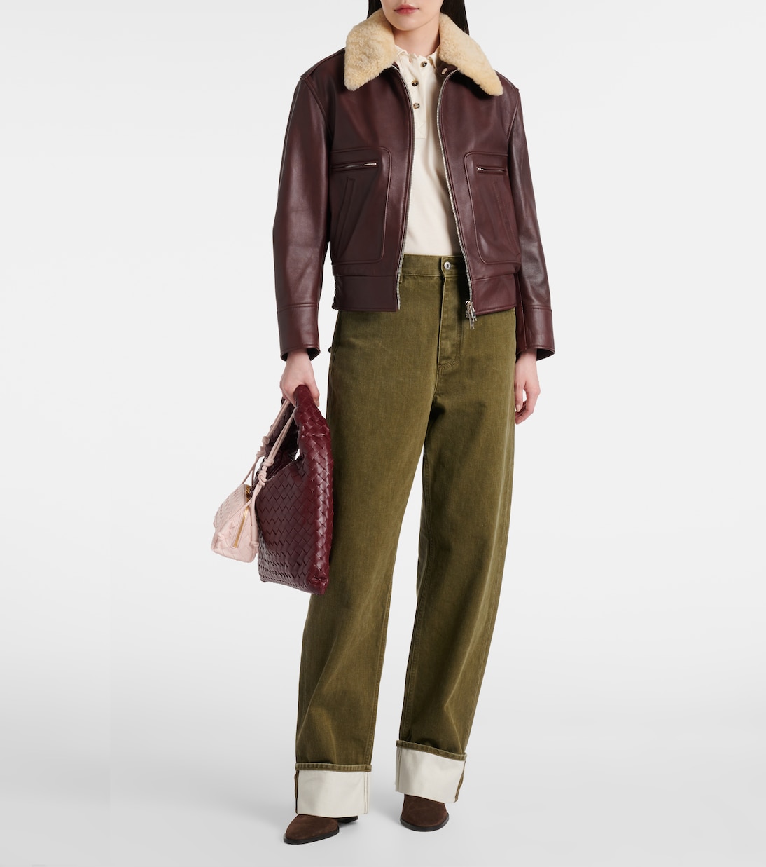 Кожаная куртка с отделкой из овчины Bottega Veneta, Madder Brown — фото 2