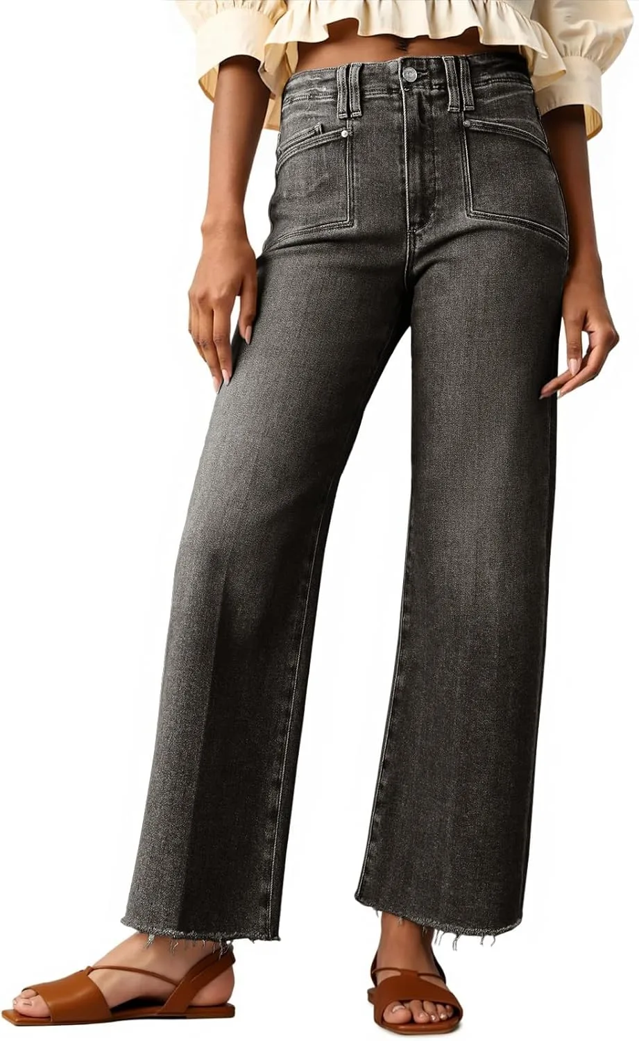 

Cicy Bell женские джинсы с высокой талией укороченные stretchy baggy straight leg raw hem