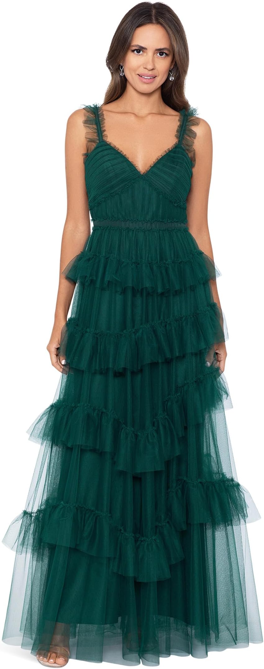

Платье Betsy & Adam Long Ruffle Tier Mesh Dress, цвет Hunter