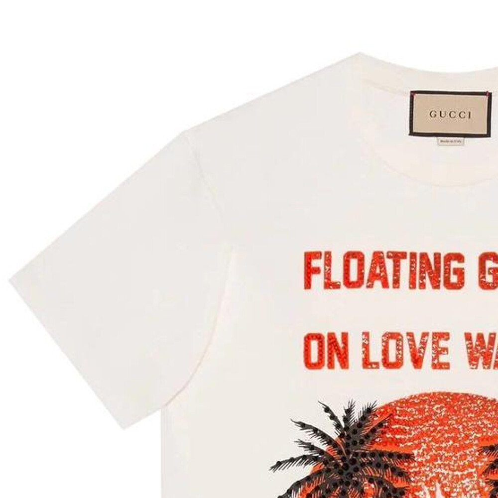 Футболка женская Gucci Sequinned Slogan-Print, декор пайетками, белый — фото 3