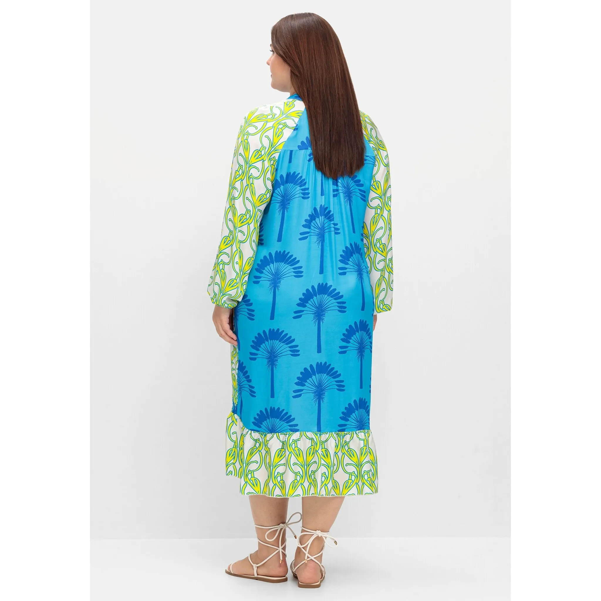 

Платье с принтом Sheego "Большие размеры", длина миди, с воланом по подолу, цвет Gelb Gemustert