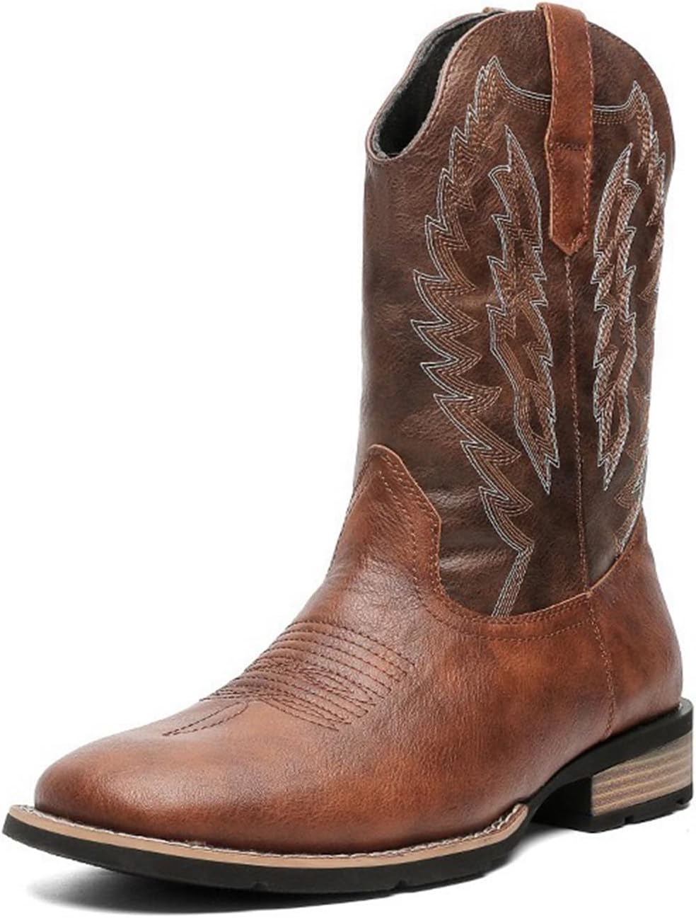 

Мужские западные ботинки с классическим квадратным носком с вышивкой, деревенские ботинки с массивным каблуком, ретро ковбойские ботинки, без шнуровки, с противоскользящей подошвой Generic, коричневый