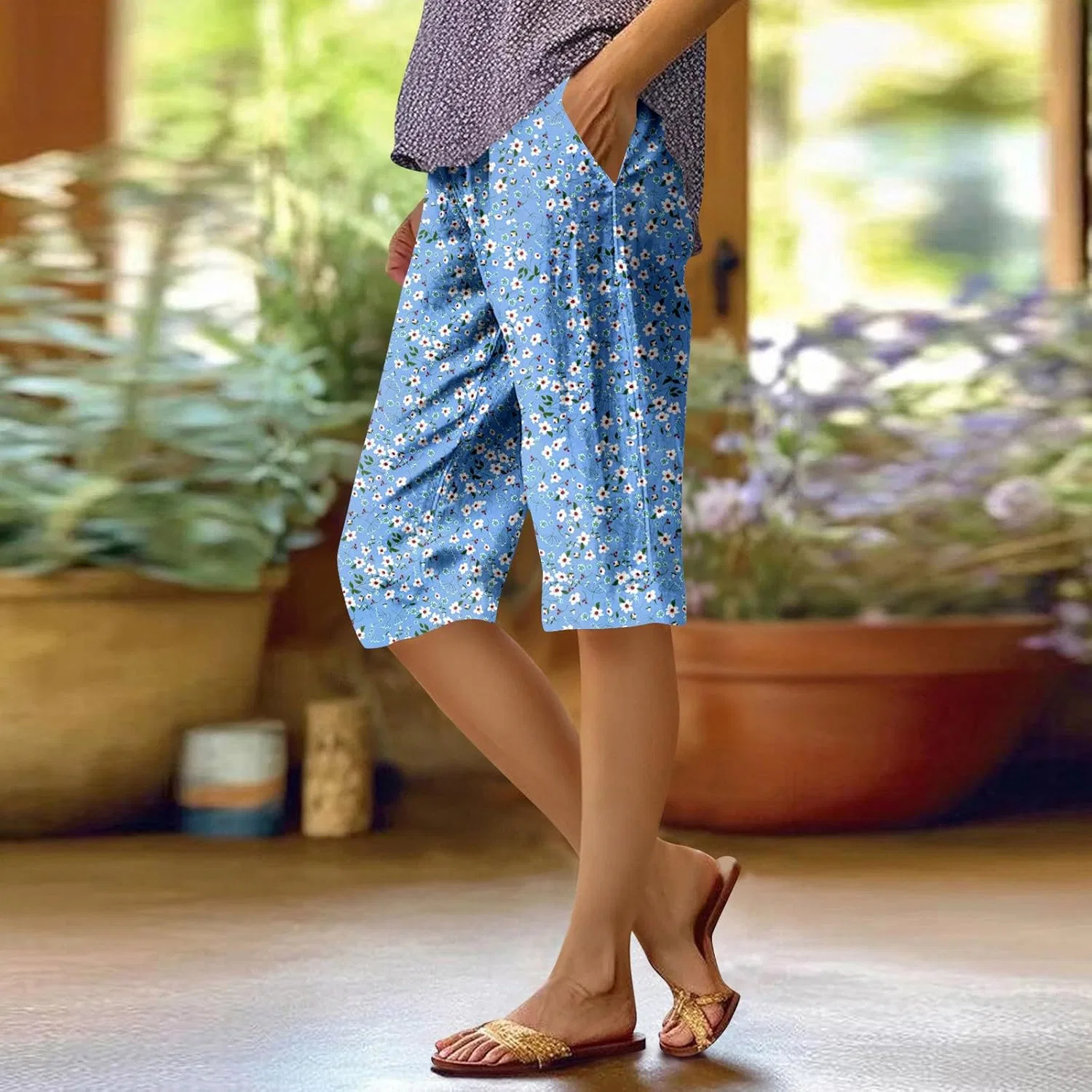 Шорты бермуды женские, cotton linen blend, синие — фото 2