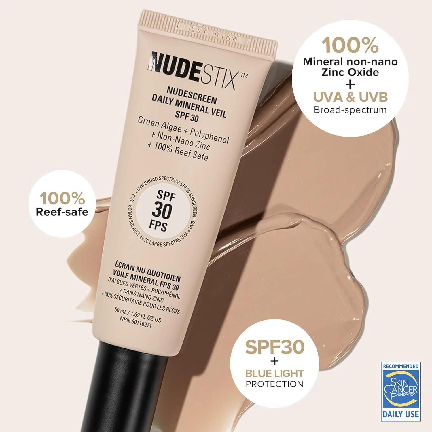 Nudestix Nudescreen Daily Mineral Veil SPF 30 - легкий тонирующий минеральный солнцезащитный крем с оксидом цинка для защиты от UVA/UVB-лучей и синего света., Nude — фото 3