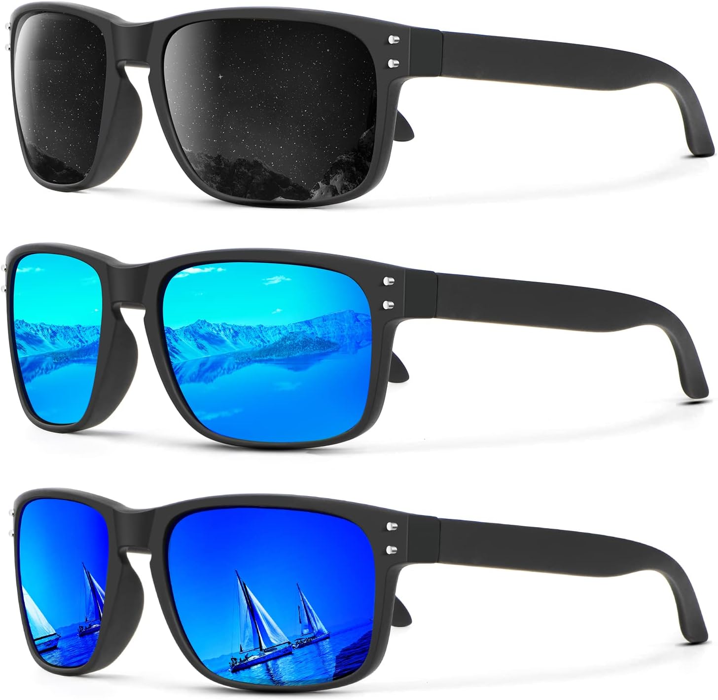 

Поляризованные солнцезащитные очки KALIYADI для мужчин и женщин в винтажном стиле, подходят для рыбалки, бега, вождения и защиты от УФ-излучения, (3 Pack) Grey/Ice Blue/Dark Blue