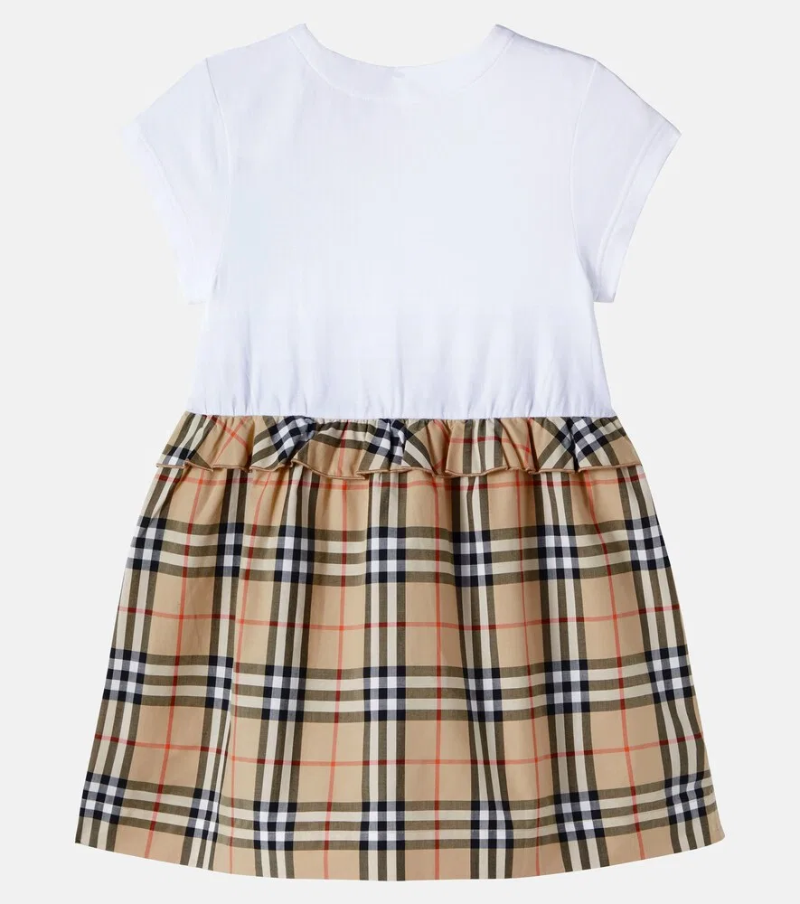 Платье Burberry в клетку с оборками из хлопковой смеси Burberry Kids, бежевый — фото 2
